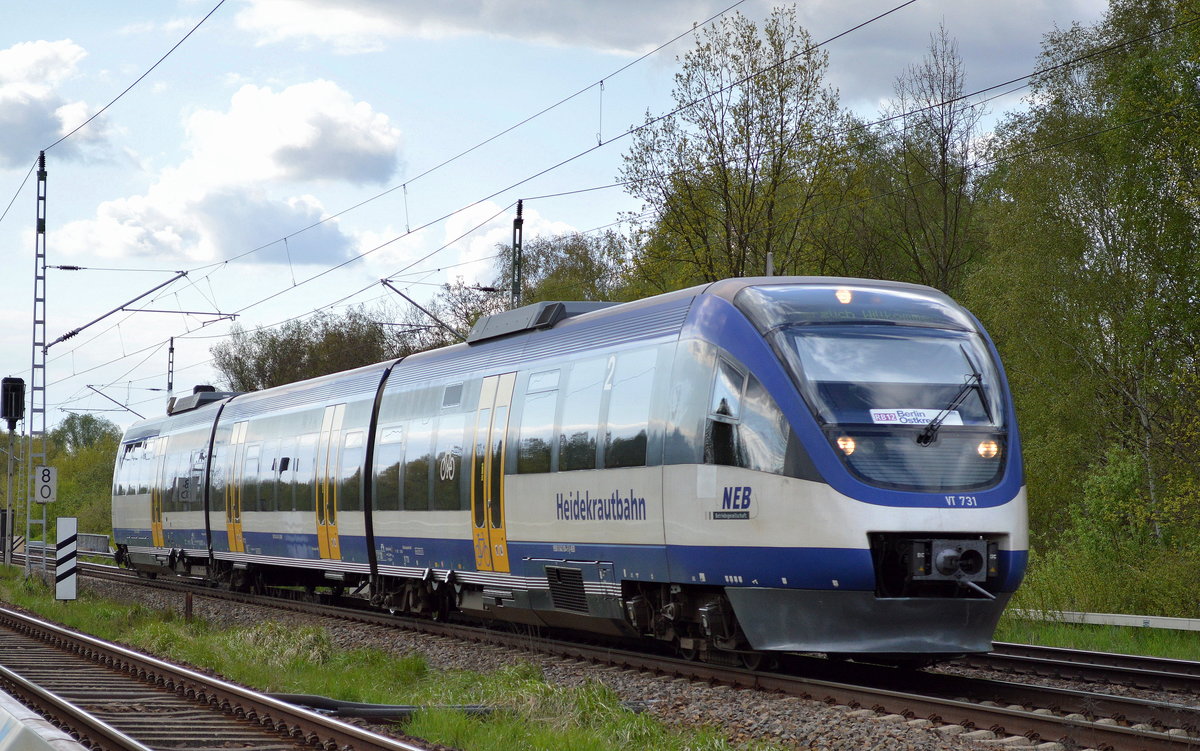 NEB mit dem RB 12 nach Berlin-Ostkreuz mit VT 731 am 04.05.16 Mönchmühle bei Berlin.