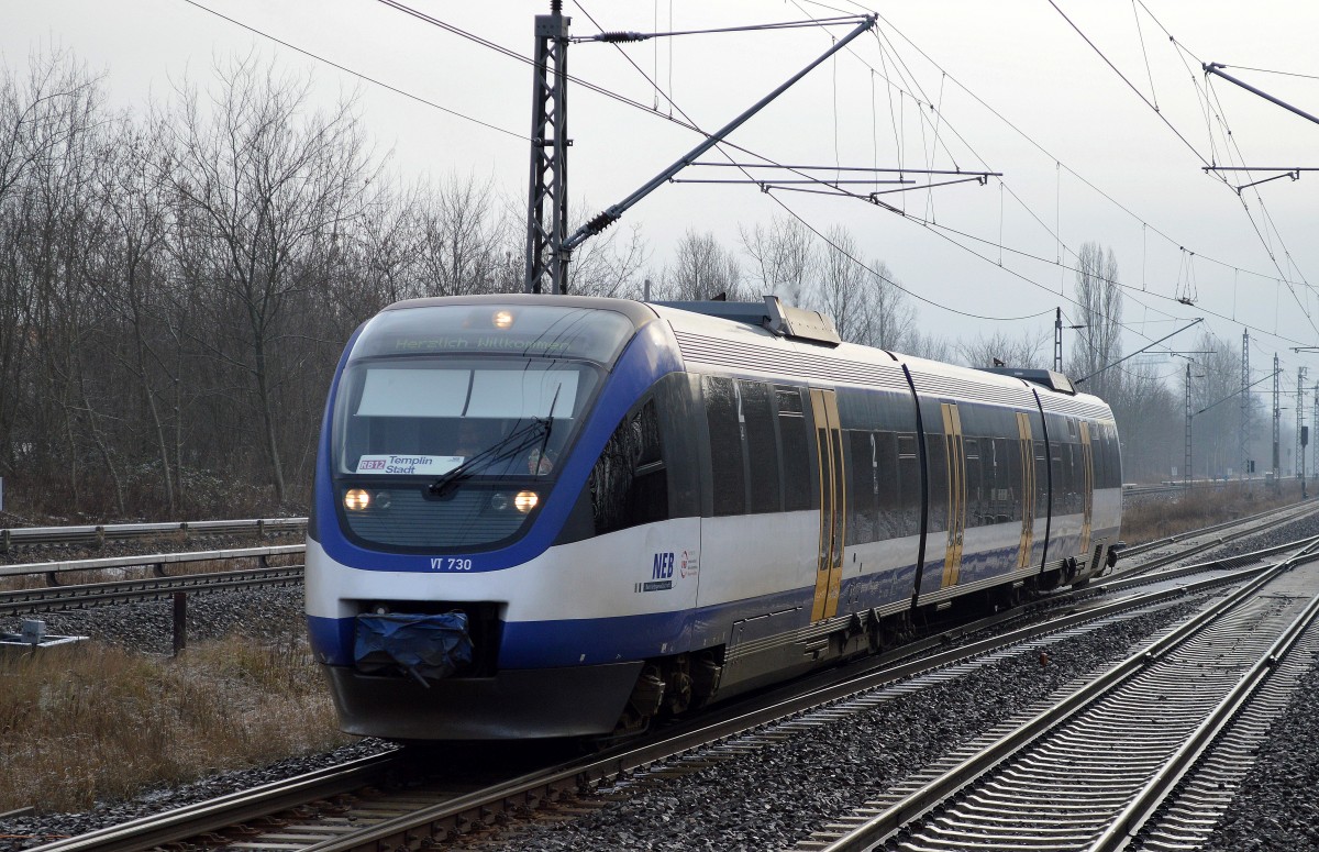 NEB VT 730 als RB12 nach Templin Stadt am 15.01.16 Einfahrt Bhf. Berlin-Hohenschönhausen.