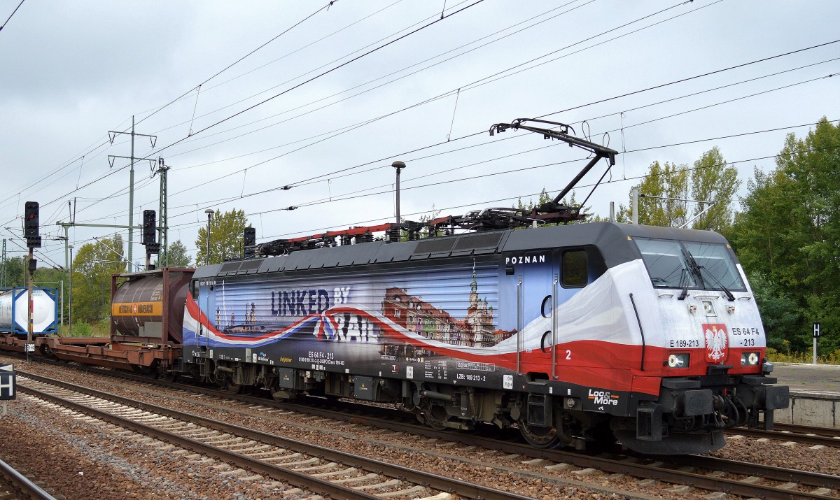 Noch mal von vorne die ERSR Dispolok 189 213-2/ES 64 F4-213 mit Poznan-Shuttle im Bhf. Flughafen Berlin-Schönefeld, 11.09.14