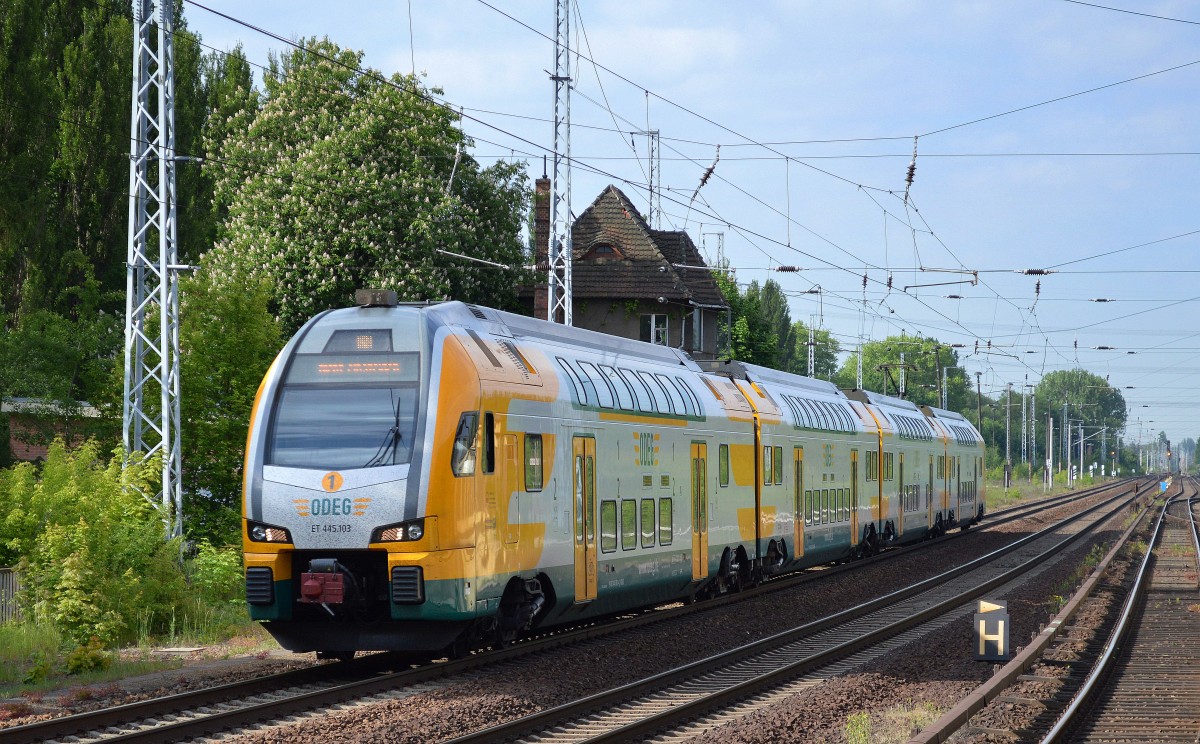 ODEG KISS E 445.103 auf Betriebsfahrt Richtung Eberswalde am 22.05.15 Berlin-Buch.