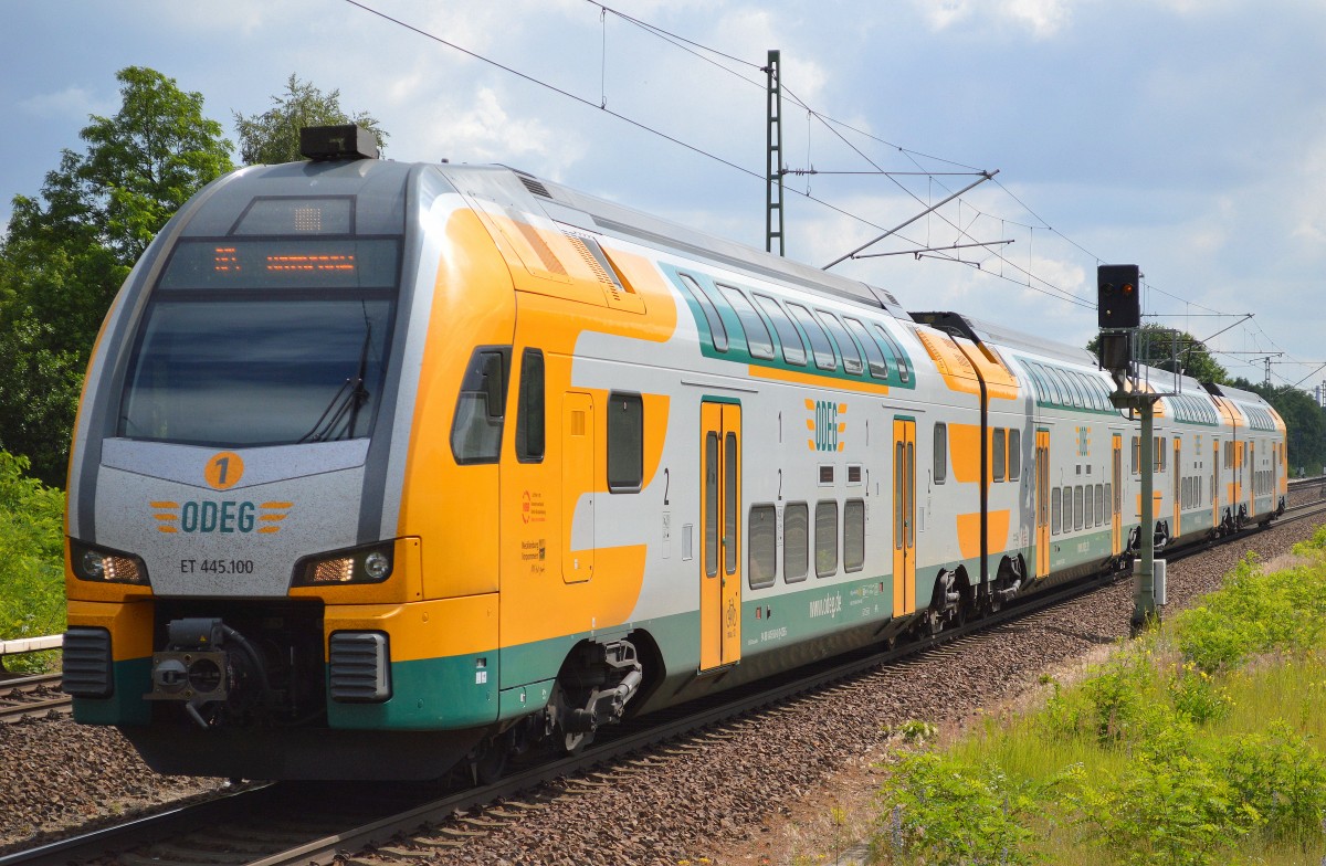ODEG KISS ET 445.100 mit RE4 nach Rathenow bei der Einfahrt Bhf. Berlin-Jungfernheide, 17.06.14