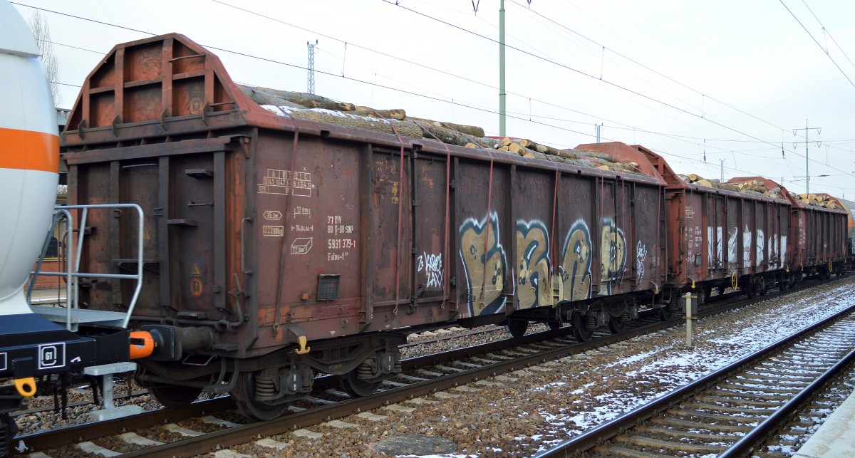 Offener Drehgestell-Wagen der DB für Stammholztransporte mit der Nr. 37 RIV 80 D-DB 5931 379-1 Ealos-t 058 am 06.02.15 Bhf. Flughafen Berlin-Schönefeld.