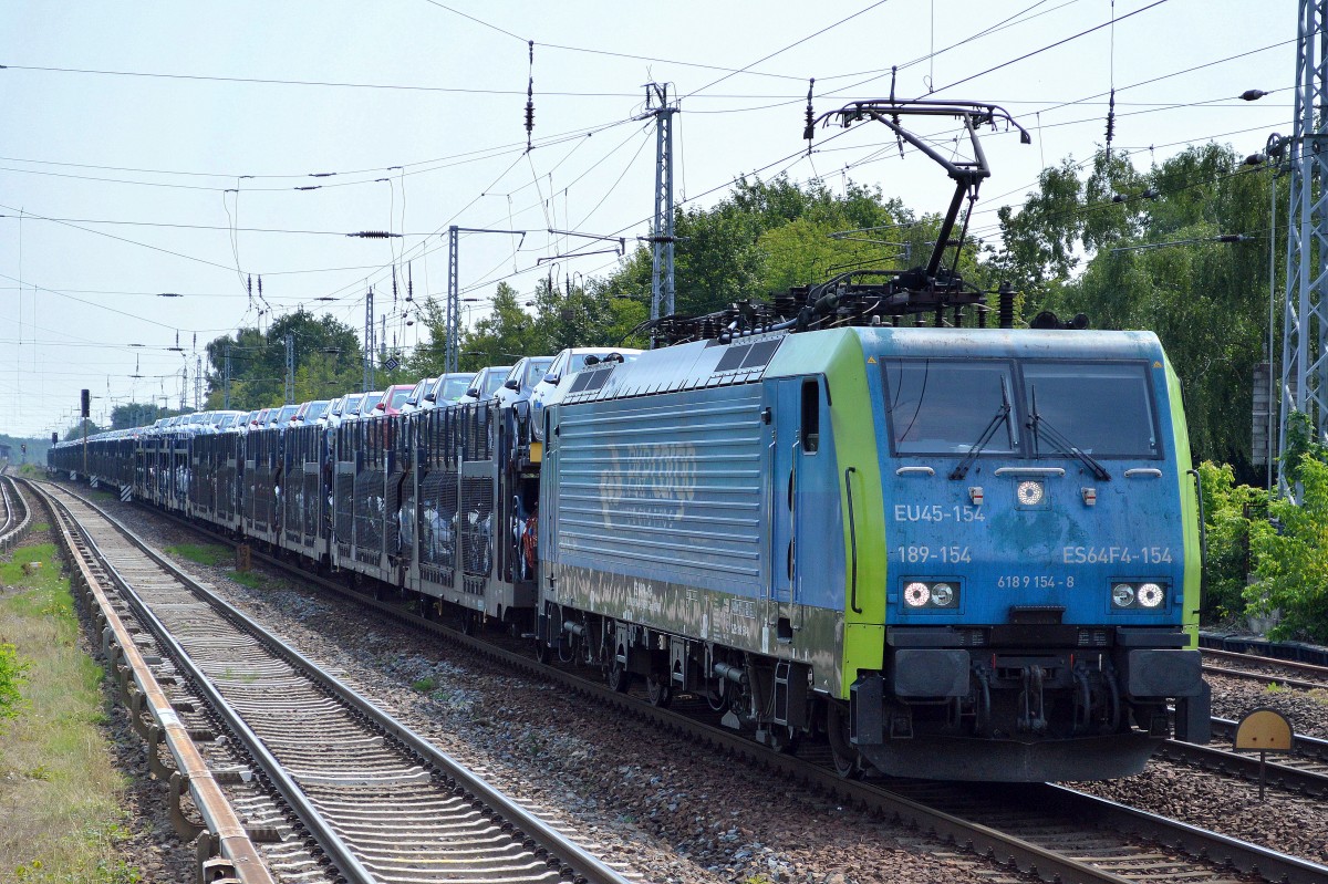 PKP Cargo EU45-154/189-154 mit PKW-Transportzug fabrikneuer Vauxhall Astra am 17.07.15 Berlin Hirschgarten.