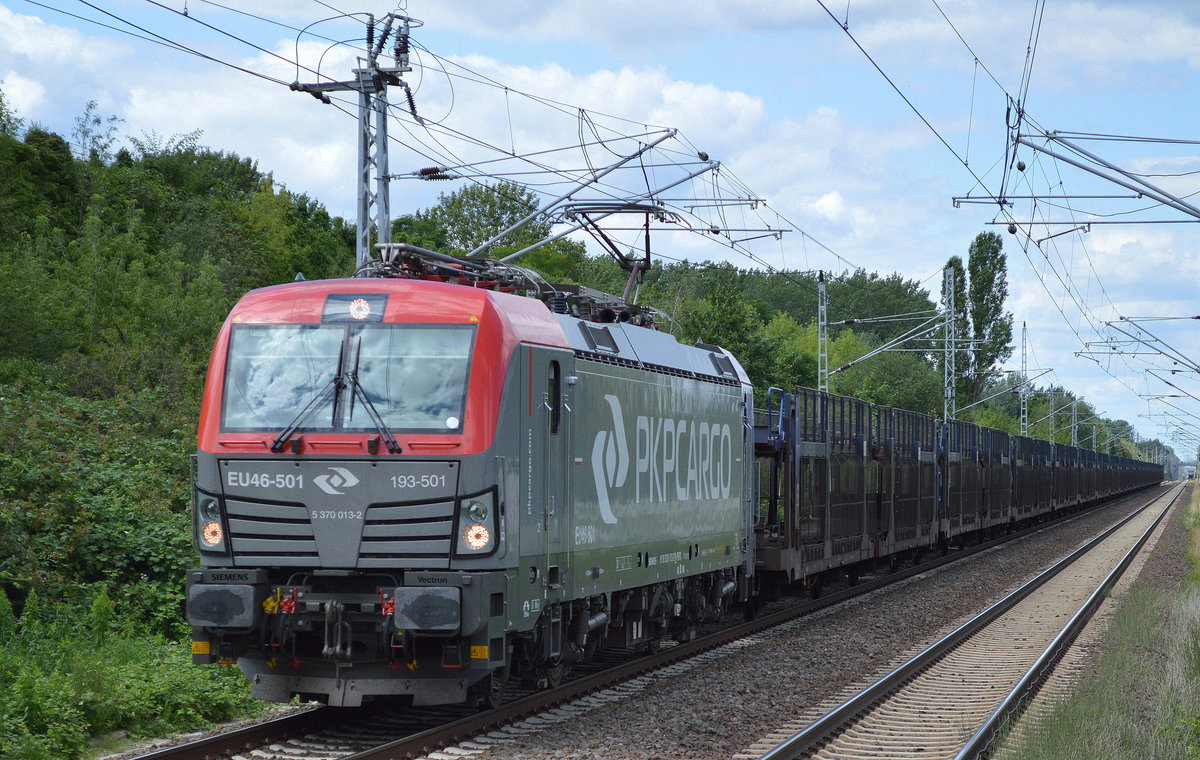 PKP Cargo EU46-501/193-501 mit PKW-Transportzug (leer) am 07.07.16 Bf. Berlin-Hohenschönhausen.