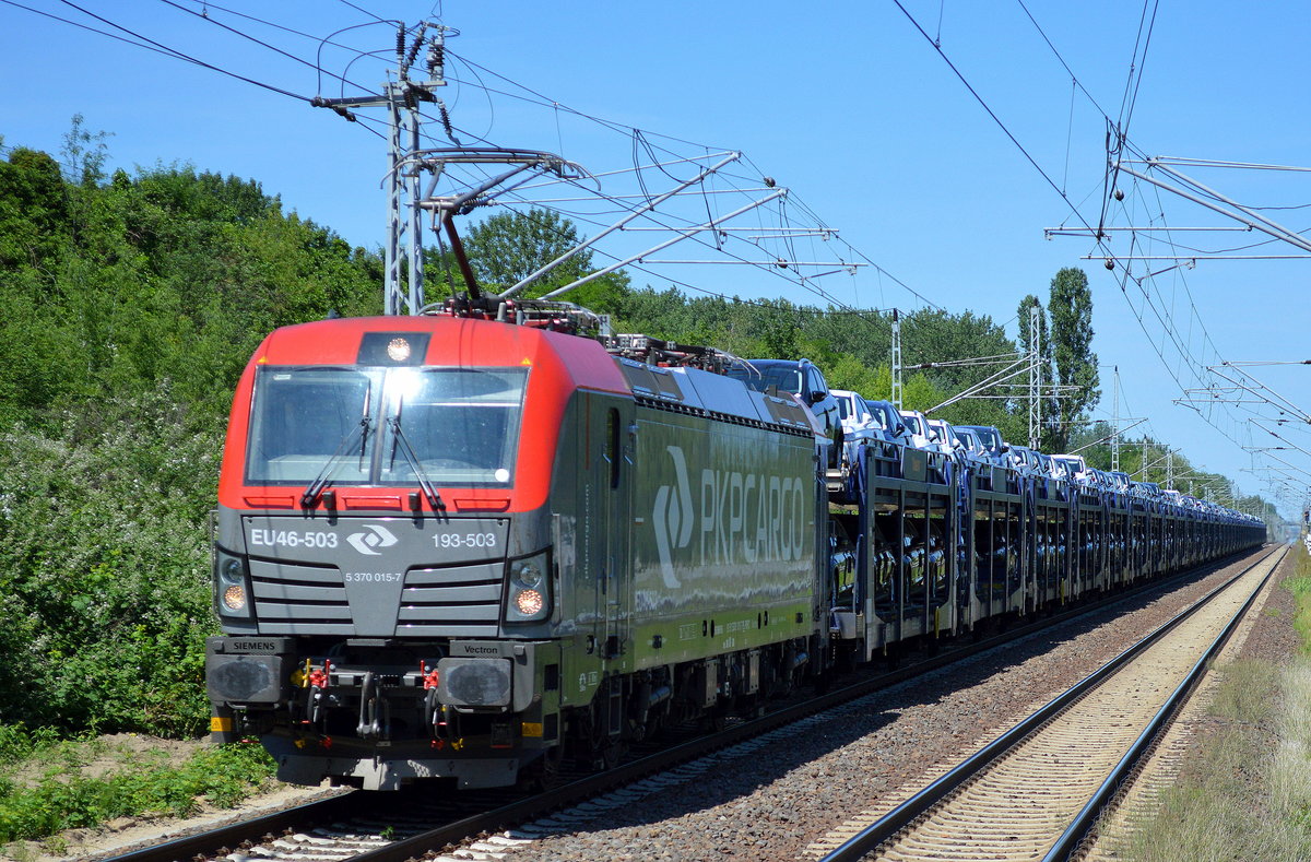 PKP Cargo EU46-503/193-503 mit PKW-Transportzug fabrikneue FORD-Modelle am 07.06.16 Berlin-Hohenschönhausen.