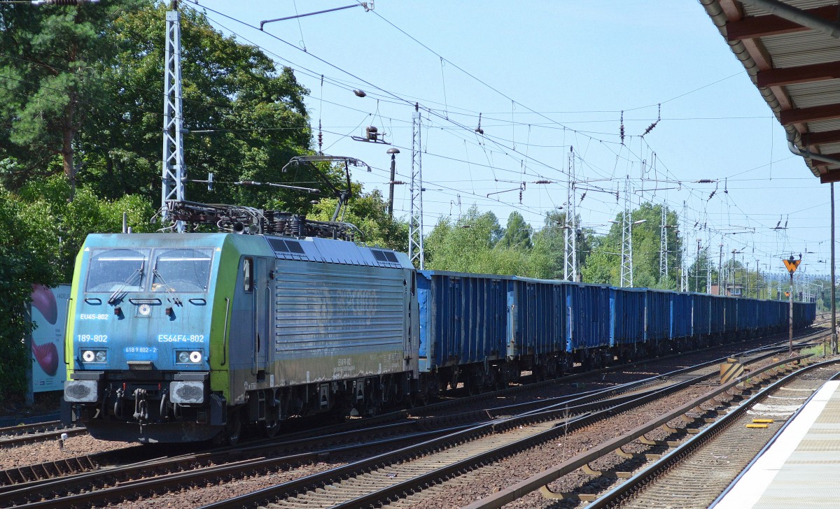 PKP Cargo mit EU45-802/189-802 und Ganzzug offener Güterwagen am 01.08.15 Berlin Hirschgarten.
