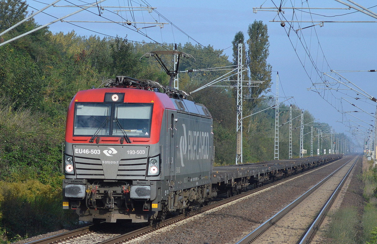 PKP Cargo mit EU46-503/193-503 mit Containerzug (leer) am 20.09.17 Berlin-Hohenschönhausen.