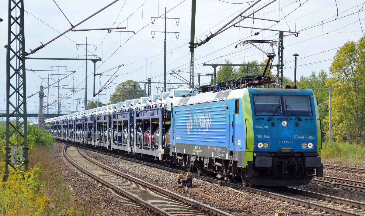 PKP Cargo mit MRCE Dispolok E189-804/EU45-804 mit PKW-Transportzug mit fabrikneuen FORD FOCUS am 11.09.14 Durchfahrt Bhf. Flughafen Berlin-Schönefeld. 
