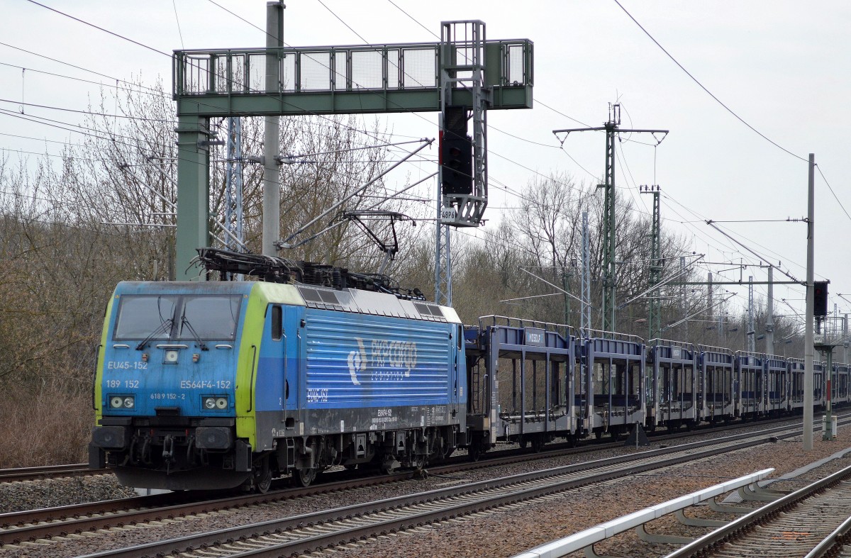PKP Cargo mit MRCE Mietlok EU45-152/ES64F4-152 mit Leerzug PKW-Transportwagen Richtung Karower Kreuz Berlin, 18.03.14 Berlin-Blankenburg.