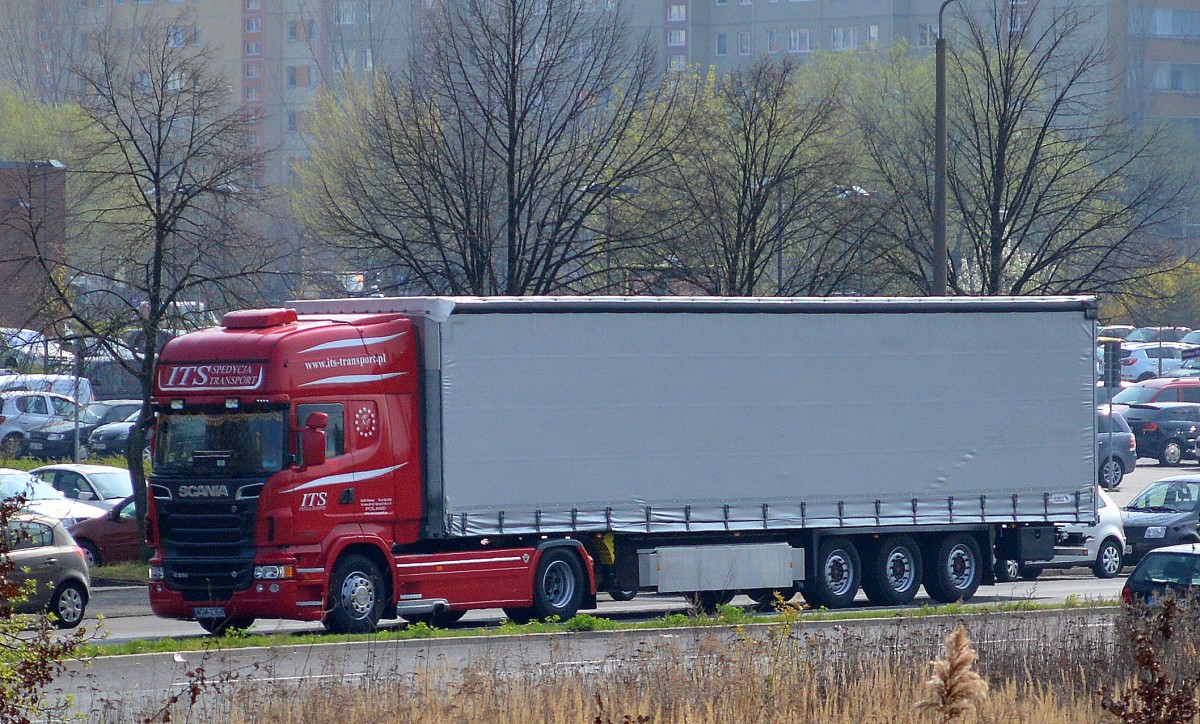 Polnischer Sattelzug mit SCANIA R580 Zugmaschine der Sped. ITS am 03.04.14 Berlin-Marzahn.