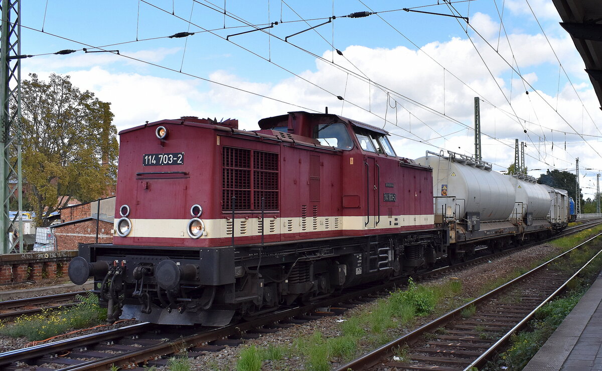 PRESS - Eisenbahn-Bau- und Betriebsgesellschaft Pressnitztalbahn mbH, Jöhstadt mit ihrer  114 703-2  [NVR-Nummer: 92 80 1203 230-8 D-PRESS]  und einem Unkrautvernichtungszug der Fa. Certis Belchim B.V. Railservice und  204 012-4  [NVR-Nummer: 92 80 1203 215-9 D-PRESS] im Tandemsystem am 23.09.25 Höhe Bahnhof Magdeburg-Neustadt.