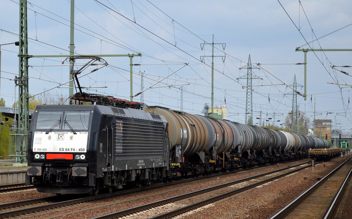 Raildox mit der MRCE Dispo ES 64 F4-450/189 450-0 und Kesselwagenzug (Benzin) am 21.04.17 Bf. Flughafen Berlin-Schönefeld.