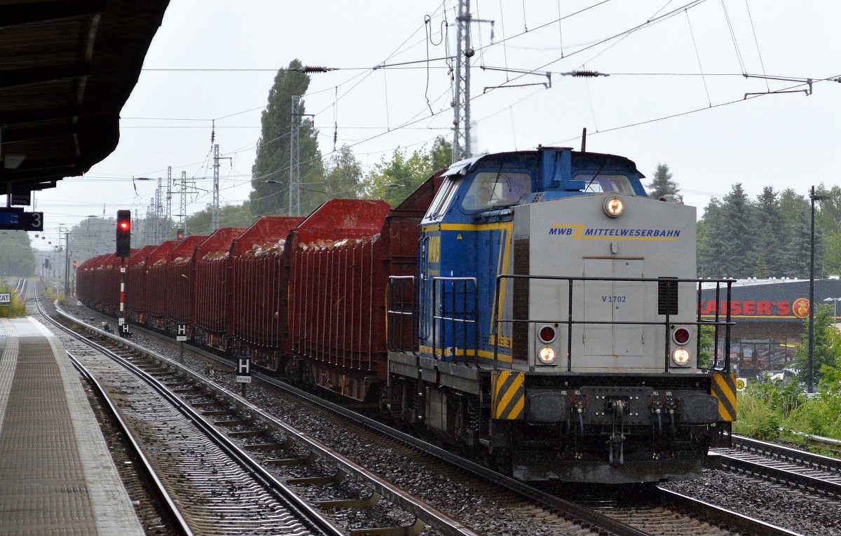 Rennsteigbahn mit der angemieteten MWB V 1702 (203 103-7) mit Holzzug bei strömenden Regen Richtung Karower Kreuz Berlin, 13.06.14 