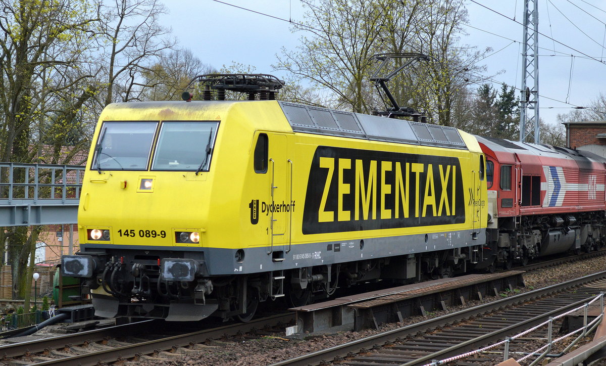 RHC 145 089-9 mit der DE668 und Kesselwagenzug am Haken Richtung Stendell am 05.04.17 Berlin-Karow.