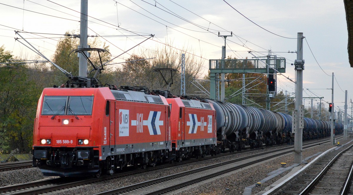 RHC/HGK Doppeltraktion 2057/185 589-9 + 2056/185 588-1 mit Kesselwagenzug Richtung Schwedt am 03.11.14 Berlin-Blankenburg.