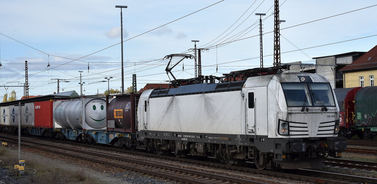 RTB CARGO GmbH, Düren [D] mit der weiterhin weißen geleasten ELL Vectron  193 439   [NVR-Number: 91 80 6193 439-7 D-ELOC] und einem Containerzug am 29.10.25 Höhe Bahnhof Frankfurt/Oder. Interessant am Ende des Zuges war noch die geleaste polnische ATLU Lok  E 186 134  [NVR-Nummer: 91 51 6270 005-7 PL-ATLU] angehakt.