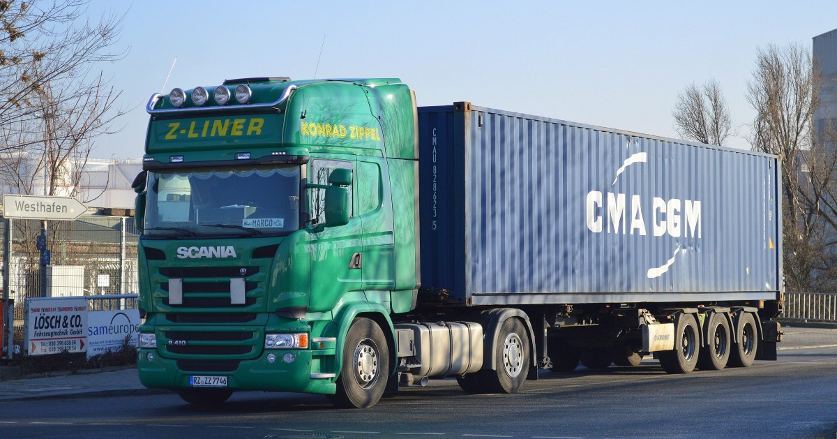 SCANIA R410 Container-Sattelzug der Sped. KONRAD ZIPPEl (Z-LINER) verlässt den Berliner Westhafen am 27.02.15
