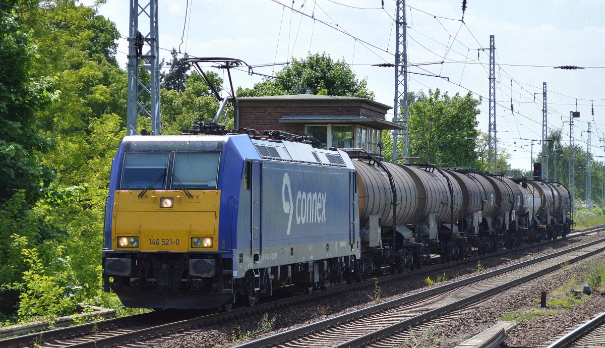 Transdev GmbH mit 146 521-0 mit Leerzug Kesselwagen (geschmolzenes Schwefel)am 22.05.15 Berlin-Karow.