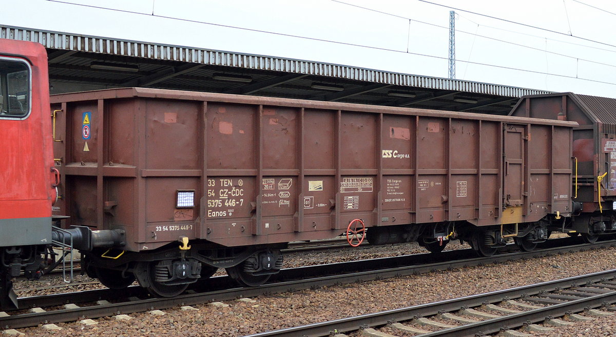 Tschechischer offener Drehgestell-Güterwagen der Fa. TSS cargo a.s. mit der Nr. 33 TEN 54 CZ-CDC 5375 446-2 eanos 149.0 am 04.04.17 Bf. Flughafen Berlin-Schönefeld.