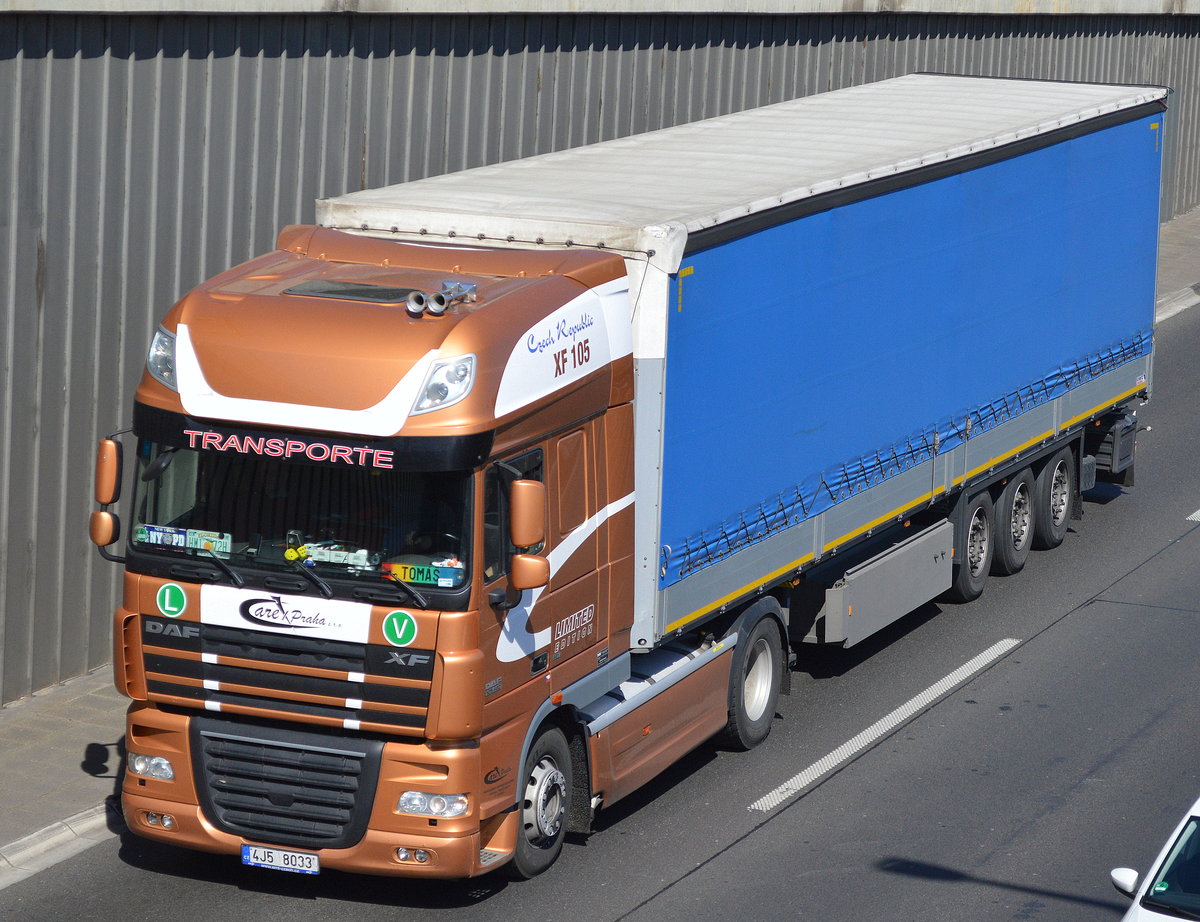 Tschechischer Sattelzug mit DAF XF 105.460 LIMITED EDITION Zugmaschine mit Trailer der Fa. Care I Praha s.r.o. Transporte am 21.04.16 Berliner Stadtautobahn Höhe Knobelsdorffstr.
