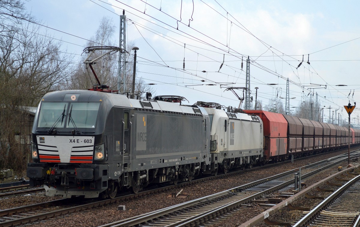 Vectron Doppeltraltion von DB Schenker X4 E - 603 + X4 E - 608 mit Erzzug nach Eisenhüttenstadt am 25.02.16 Berlin-Hirschgarten. 