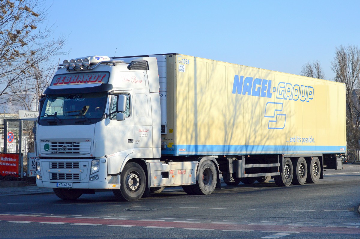 VOLVO FH 420 EEV (White Beast) Sattelzug der Sped.GEBHARDT für die NAGEL-GROUP verlässt den Berliner Westhafen am 27.02.15