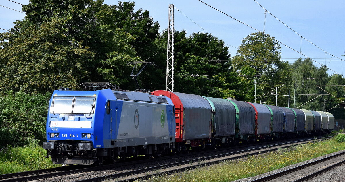 VPS - Verkehrsbetriebe Peine-Salzgitter GmbH, Salzgitter [D] mit der geleasten ATLU Lok  5612/185 514-7  [NVR-Nummer: 91 80 6185 514-7 D-ATLU] und einem Coil-Transportzug am 07.08.25 Höhe S-Bahnhof Dedensen/​Gümmer.