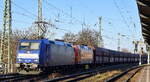 ArcelorMittal Eisenhüttenstadt Transport GmbH mit den geleasten ATLU Loks  185 508  [NVR-Nummer: 91 80 6185 508-9 D-ATLU] + der eigenen  145-CL 203  [NVR-Nummer: 91 80 6145 099-8 D-EKO]  und einem Ganzzug Selbstentladewagen (leer) Richtung Hamburg am 03.03.26 Höhe Bahnhof Magdeburg-Neustadt.