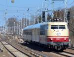 Überraschung zur Mittagszeit, 103 222-6 mit Messzug der DB Systemtechnik am 20.03.14 Berlin-Karow.