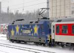 Jetzt bei Schnee und K�lte direkt zur Weihnachstszeit besonders wirkungsvoll, das Werbemotiv der 101 101-4 mit DB Nachtzugwagen bei einer PbZ-Fahrt Richtung Berlin-Lichtenberg, 22.12.10 Berlin