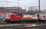 M�rklin Werbelok 120 112-8 mit IC-Wagengarnitur (PbZ?) Richtung Berlin-Gesundbrunnen, 25.02.13 Berlin-Westhafen.