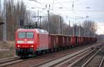 145 034-5 mit Ganzzug offener G�terwagen Richtung Bernau, 07.02.13 Berlin-Buch