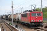 155 032-6 mit gemischtem G�terzug Richtung Innenstadt, 02.05.11 Berlin-Blankenburg.