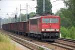 155 220-7 mit Ganzzug offener G�terwagen, 08.06.11 Berlin-Karow.