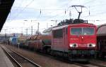 155 104-3 mit haupts�chlich polnischen G�terwagen (Stahlwaren, Coilrollen und Chemikalien), 15.02.12 Bhf.