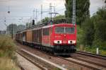 155 112-6 mit Ganzzug Schiebewandwagen (Papierzug) am 20.08.13 Berlin-Karow.