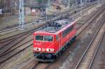 155 099-5 bei der Durchfahrt im RLCW Elstal/Wustermark nachdem sie einen Zug dort abgestellt hat, 03.03.14