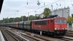 155 120-9 mit polnischem Schüttgutwagen mit Kohle beladen Richtung Berliner Innenstadt, 01.09.14 Berlin Greifswalder Str.