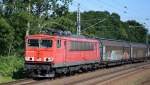 155 141-5 mit einem Ganzzug Schiebewandwagen Richtung Oranienburg am 05.08.15 Mühlenbeck/Mönchmühle bei Berlin.