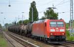 185 179-9 mit Kesselwagenzug (geschmolzenes Schwefel) am 18.05.15 Berlin-Karow.