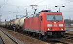 185 360-5 Mit Kesselwagenzug (Kreideschlamm) am 03.02.18 Bf. Flughafen Berlin-Schönefeld.