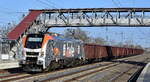 Havelländische Eisenbahn AG, Berlin-Spandau [D] mit ihrer Eurodual Lok  159 007  [NVR-Nummer: 90 80 2159 007-4 D-HVLE] und einem Ganzzug tschechischer Drehgestell-Hochbordwagen am 02.04.25
