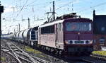 BELog Baustoffe- Entsorgung- Logistik GmbH & Co. KG, Langenau [D] mit der von der MAED - Maik Ampft Eisenbahndienstleistungen angemieteten  155 219-9  [NVR-Nummer: 91 80 6155 219-9 D-MAED] und der Mak G 1000 BB Lok  271 026-7  [NVR-Nummer: 92 80 1271 026-7 D-MRS] und einem Staubgutwagenzug am Haken am 03.03.26 Höhe Bahnhof Magdeburg-Neustadt.