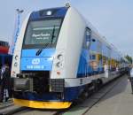Dreiteiliger niederfluriger Elekto-Triebzug (7Ev auch als RegioPanter Bezeichnet) von der tschechischen Fa. Skoda Transpotation a.s. für die tschechische Bahn CD mit der Nr. 640 005-5 auf der Inno Trans Berlin, 24.09.14 