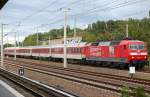 120 501-2 der DB-Systemtechnik mit PbZ aus DB City Night Line Wagen bestehend am 09.08.11 Berlin-Blankenburg.