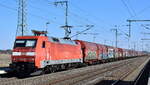 DB Cargo AG, Mainz [D] mit ihrer  152 038-6  [NVR-Nummer: 91 80 6152 038-6 D-DB] und einem gemischten Güterzug am 20.03.25 Höhe Bahnhof Rodleben.