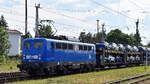 Eisenbahnbau- und Betriebsgesellschaft Pressnitztalbahn mbH, Jöhstadt (PRESS)mit ihrer  140 042-4  (NVR:  91 80 6140 834-3 D-PRESS ) und einem PKW-Transportzug (fabrikneue VW-Modelle) am 03.06.25