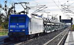 PRESS - Eisenbahn-Bau- and Betriebsgesellschaft Pressnitztalbahn mbH, Jöhstadt [D] mit ihrer  145 030-7  [NVR-Nummer: 91 80 6145 085-7 D-PRESS] und einem PKW-Transportzug (fabrikneue VW