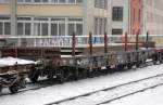 Drehgestellflachwagen mit sechs Rads�tzen und Rungen f�r Schwertransporte der DB eingestellt mit der Nr.
