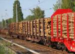 Drehgestellflachwagen mit 4 Rads�tzen mit 8 Doppelrungen/Seite ohne Seitenwand- und Stirnklappen mit Niederbindeeinrichtung der DB vom Typ Snps 719 eingesetzt in diesem Fall f�r Holztransporte,